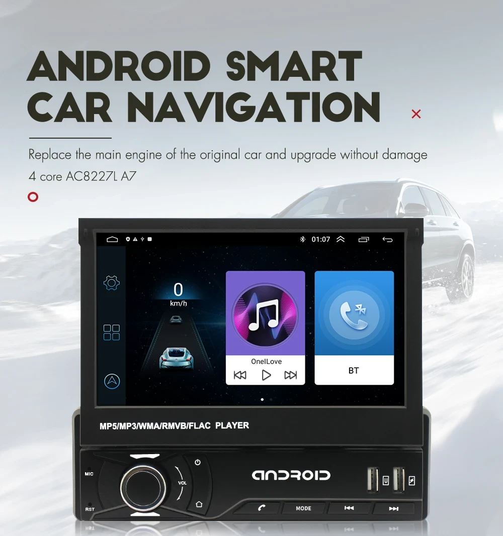 Retractable screen car radio with 7 inch multimedia video player for Android
