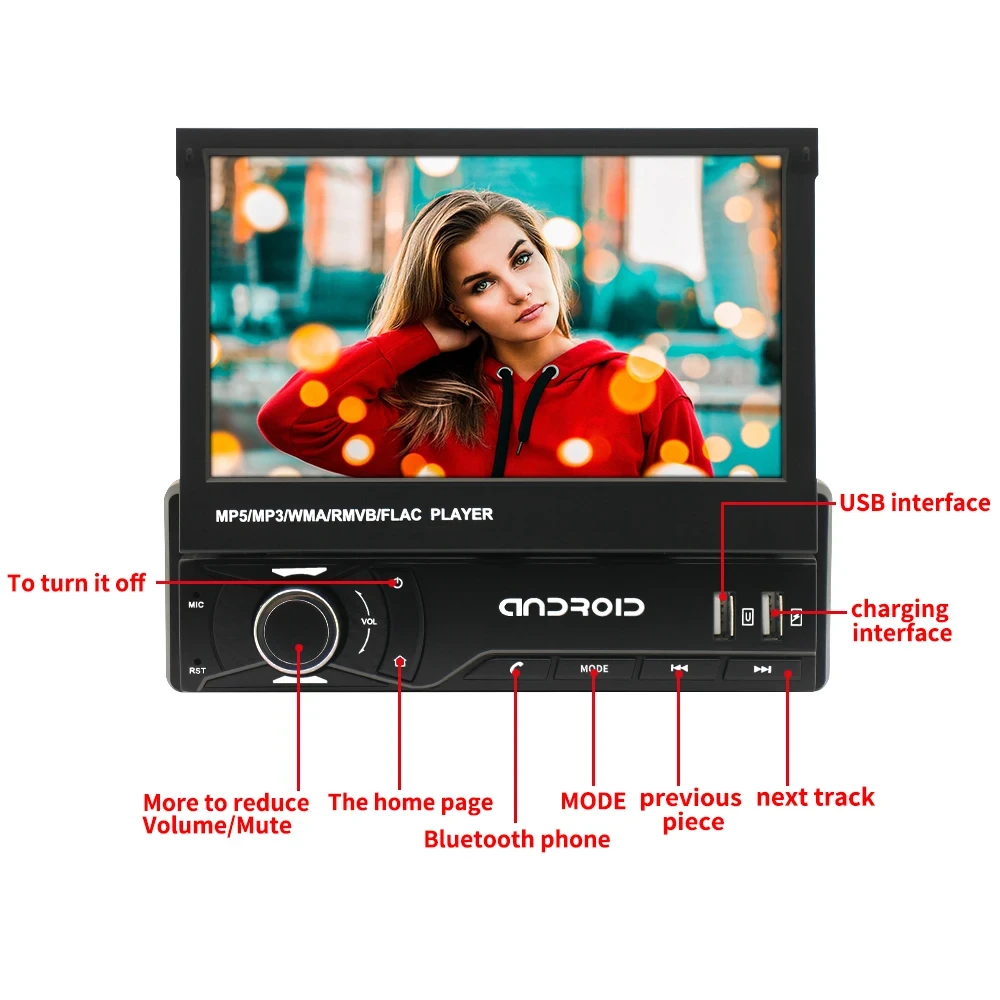 Retractable screen car radio with Bluetooth for Android 1Din