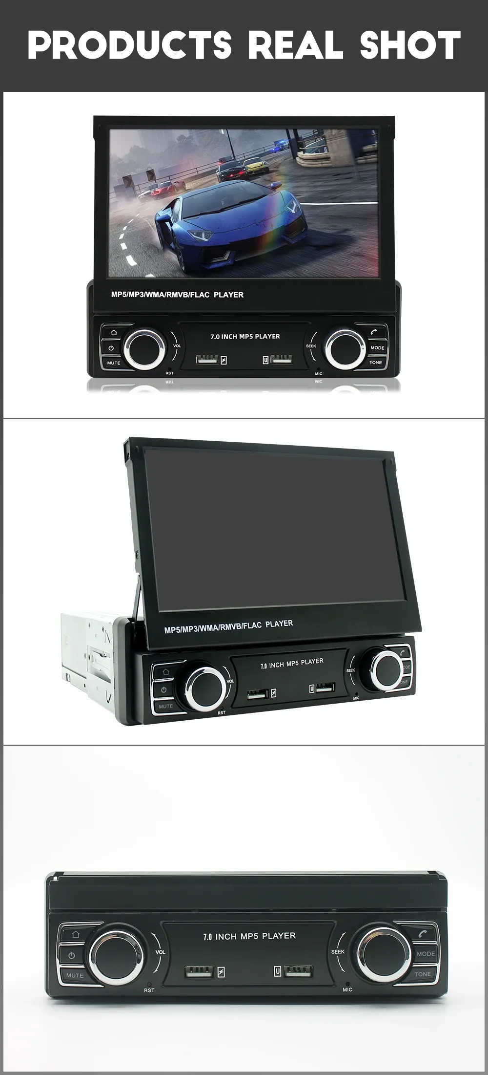 Retractable screen car radio with IPS display for GPS navigation