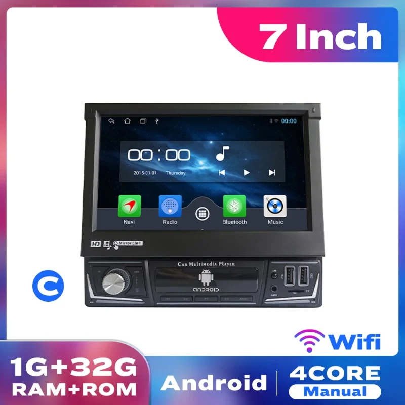 Retractable screen car radio with multimedia video player and Bluetooth navigation