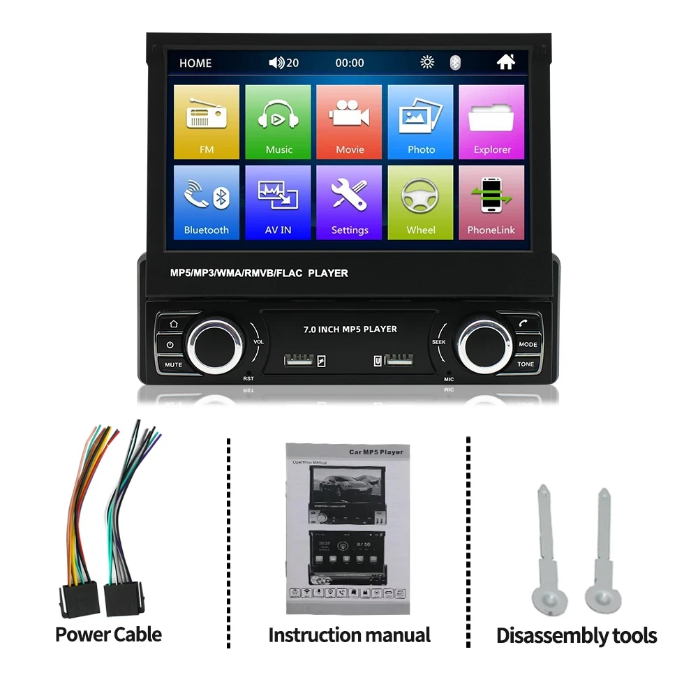 Retractable screen car radio with multimedia video player and GPS navigation