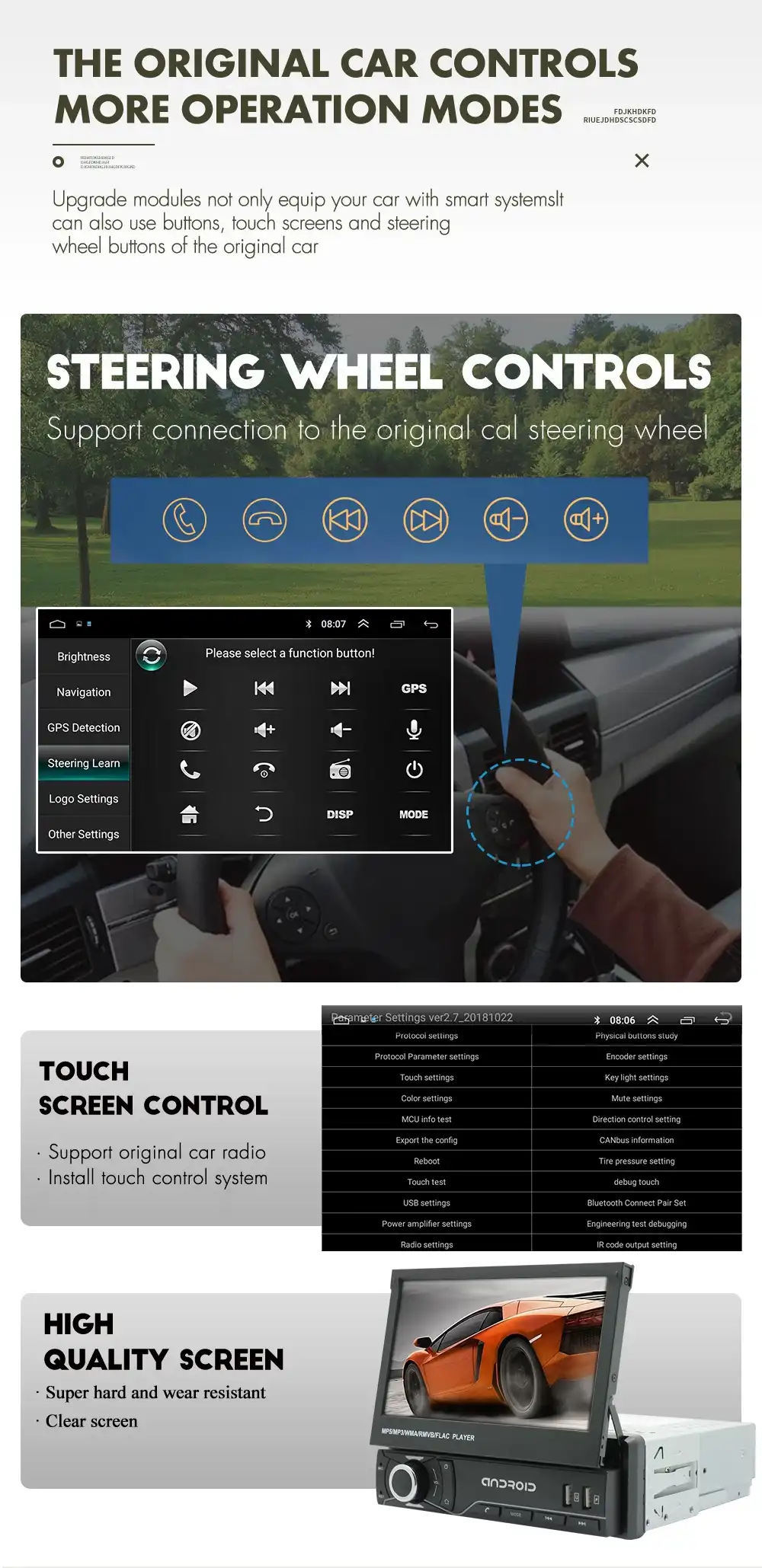 Universal car stereo multimedia video player with 7 inch IPS display